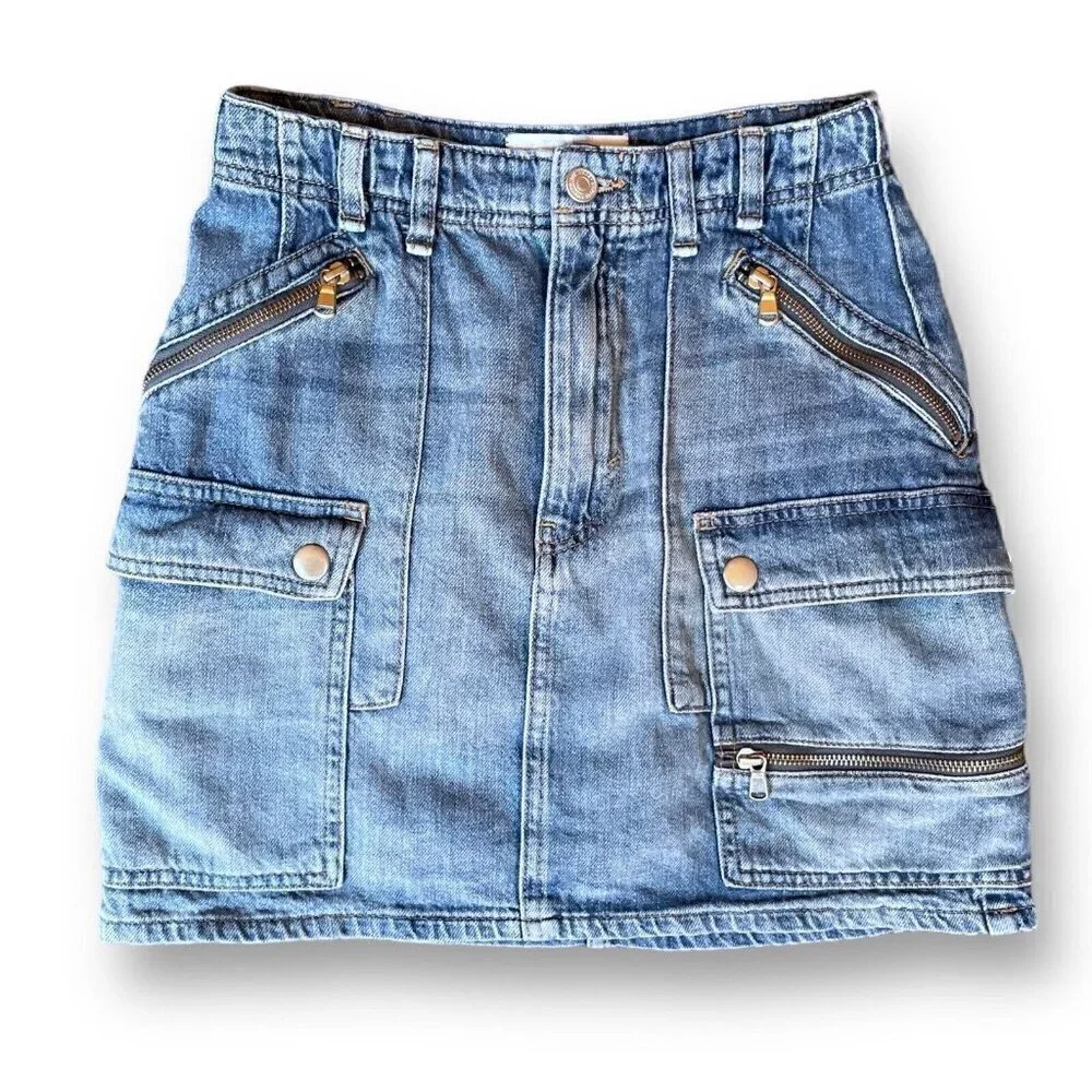 Free People Womens Avenue Mini Skirt Sz 25 Blue Denim Cargo Pockets Icon Wash